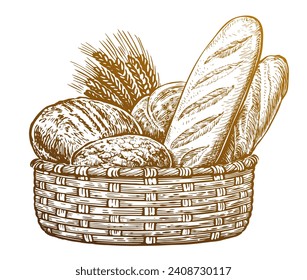 Basket with fresh baked bread and wheat. Vector illustration for bakery shop