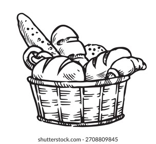 Uma cesta com produtos frescos, pão e pães. Ilustração do vetor de esboço
