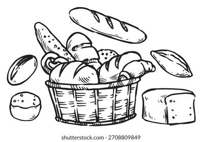 Una canasta con productos recién horneados, pan y bollos. Ilustración vectorial de esbozo
