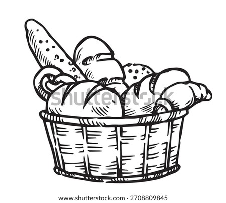 A basket with fresh baked goods, bread, and buns. Sketch vector illustration
