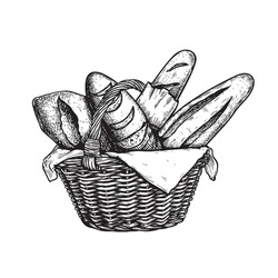 Basket with fresh bakery goods. Hand drawn sketch style. Bread, loafs and buns. Vector illustration isolated on white.