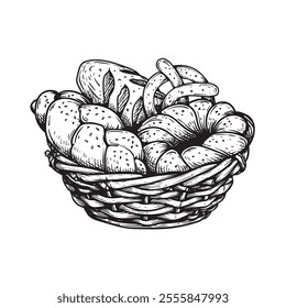 Basket with fresh bakery goods. Hand drawn sketch style. Bread, loafs and buns. Vector illustration isolated on white.