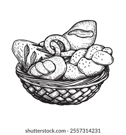 Basket with fresh bakery goods. Hand drawn sketch style. Bread, loafs and buns. Vector illustration isolated on white.