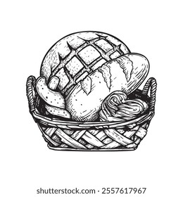 Basket with fresh bakery goods. Hand drawn sketch style. Bread, loafs and buns. Vector illustration isolated on white.