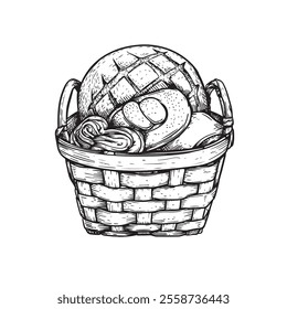 Basket with fresh bakery goods. Hand drawn sketch style. Bread, loafs and buns. Vector illustration isolated on white.