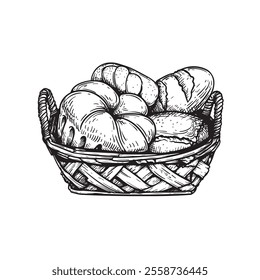 Basket with fresh bakery goods. Hand drawn sketch style. Bread, loafs and buns. Vector illustration isolated on white.