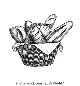 Basket with fresh bakery goods. Hand drawn sketch style. Bread, loafs and buns. Vector illustration isolated on white.