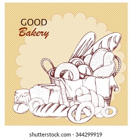 The basket with fresh bread, baked goods and pastry, hand drawn vector illustration in vintage style.