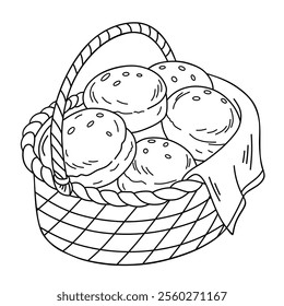 Basket of Fresh Bread Rolls Illustrated in Simple Black and White Style.
