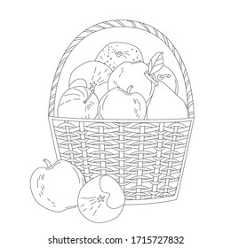 cesta de fruta fresca. manzanas, pera, mandarina para tu libro de colorear