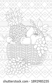 basket with fresh fruits against patchwork pattern for your coloring book