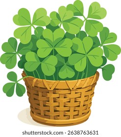 Basket of Fresh Green Clovers in Handwoven Pot Illustration