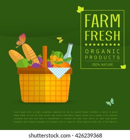 Basket with fresh natural vegetables. Organic products from the farm.Vegetables, bread, dairy products and butterfly, Vector flat design illustration