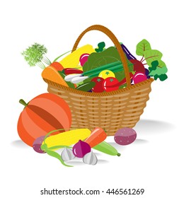 Basket with fresh organic vegetables. Farming background. Harvest festival basket. Thanksgiving design elements.