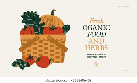 A basket with fresh organic vegetables. Horizontal garden food template.