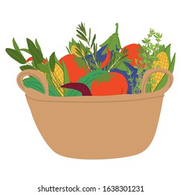 Basket of fresh vegetables on a white background. Farm natural products, flat vector illustration.