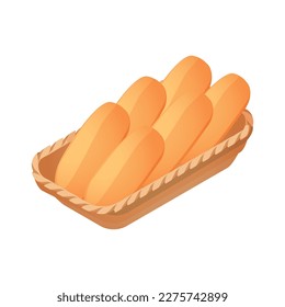 Basket with fresh wheat bread loaves 3d isometric icon vector illustration