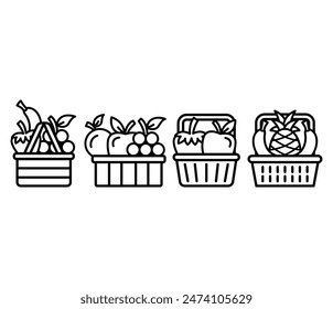 cesta de iconos de fruta símbolo diseño de Vector línea simple ilustración plana negro blanco colores Conjuntos