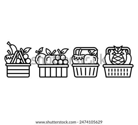basket of fruit icons symbol vector design simple line flat illustration black white colors sets