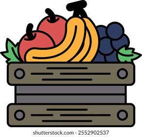 A basket of fruit including apples, bananas, grapes, and blueberries. The basket is wooden and has a rustic feel. The fruit is arranged in a way that makes it look like a colorful and healthy snack