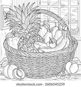 A basket of fruit on the table in the room.Coloring book antistress for children and adults. Illustration isolated on white background. Hand draw