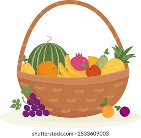 Cesta com fruta sobre fundo branco. Conceito alimentar. Colheita conceito.Frutas frescas e orgânicas. Comida saudável. Comida vegetariana. Ilustração vetorial. 