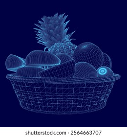 Basket of fruit is shown in a blue and white color scheme. The fruit includes apples, oranges, and bananas. The basket is filled with a variety of fruits, and the colors of the fruits are vibrant