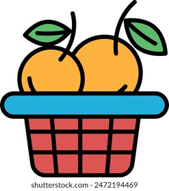 A basket of fruit with two apples and two leaves. The basket is black and white. The apples are ripe and ready to eat