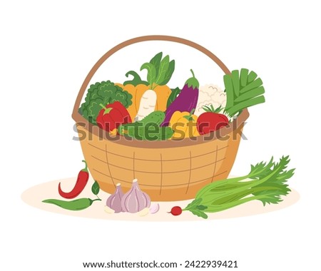 Basket with fruit and vegetables isolated on white background. Food concept. Harvest concept. Thanksgiving.