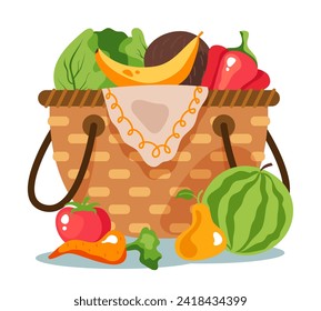 Basket with fruit and vegetables. Vector flat illustration