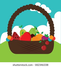 basket fruits design over landscape background vector illustration    