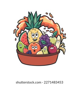 Basket with fruits - pine apple, banana, grape, mango, watermelon. Vector hand drawn art