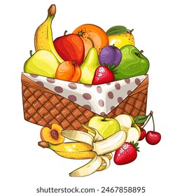 Basket of fruits vector illustration. Organic design concept. Hand Drawn Vector fruits collection. Basket with fruits. Farm products.