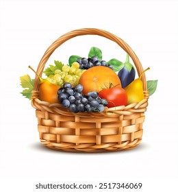 Basket with fruits and vegetables isolated on white. Vector illustration.