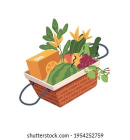 Basket with fruits and vegetables, watermelon, grapes and flowers, apples and orange juice in pack. Vector picnic food and drinks, fresh veggies and greens. Shopping grocery products, healthy meal