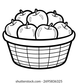 A basket full of apples outlined in black and white ready to be colored for an autumn activity