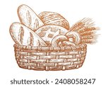Basket full of baked goods. Bread and pastry, sketch vintage vector illustration