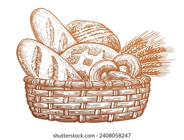 Basket full of baked goods. Bread and pastry, sketch vintage vector illustration