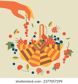 a basket full of berries, cherries, strawberries, raspberries, currants. Vector illustration