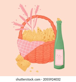 The basket full of cheese and bottle of wine vector hand drawn illustration. Picnic basket with delicious meals and snacks for outdoor lunch.