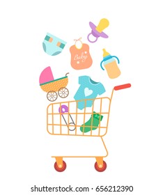 A basket full of children's goods. The concept of sales and discounts. Vector flat design illustration isolated