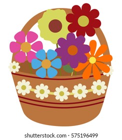 Basket Full of Colorful Flowers Cartoon Vector Illustration