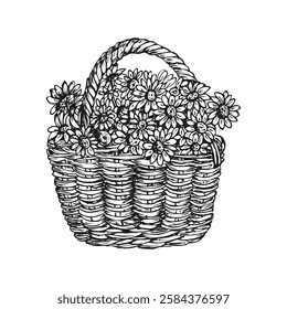 Basket full of daisies flowers sketch outline illustration. Daisy flowers spring doodle drawing in engraving style. Hand drawn vector line art clipart