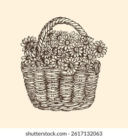 Basket full of daisies flowers sketch outline illustration. Daisy flowers spring doodle drawing in engraving style. Hand drawn vector line art clipart