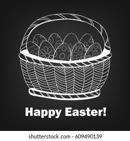Basket full of Easter eggs, decorated with various floral and geometrical patterns.