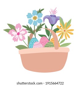 basket full of easter eggs and flowers vector illustration design