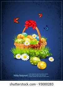 a basket full of Easter eggs on a blue background