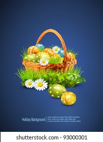 a basket full of Easter eggs on a blue background