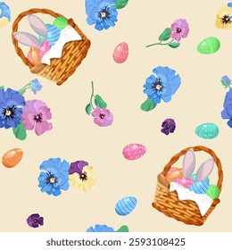 Basket full of Easter eggs with and rabbit ears and pansies. Seamless vector illustration. For decorating textiles, packaging.
