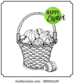 Basket full of Easter eggs in a sketch style. Happy Easter card. Vector illustration of hand drawn design.